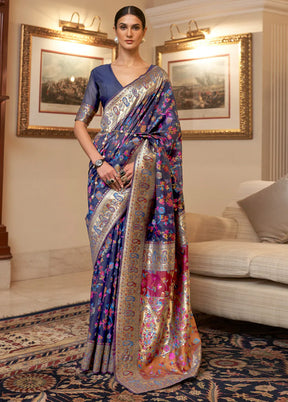 Navy Blue Banarasi Silk Saree With Blouse Piece