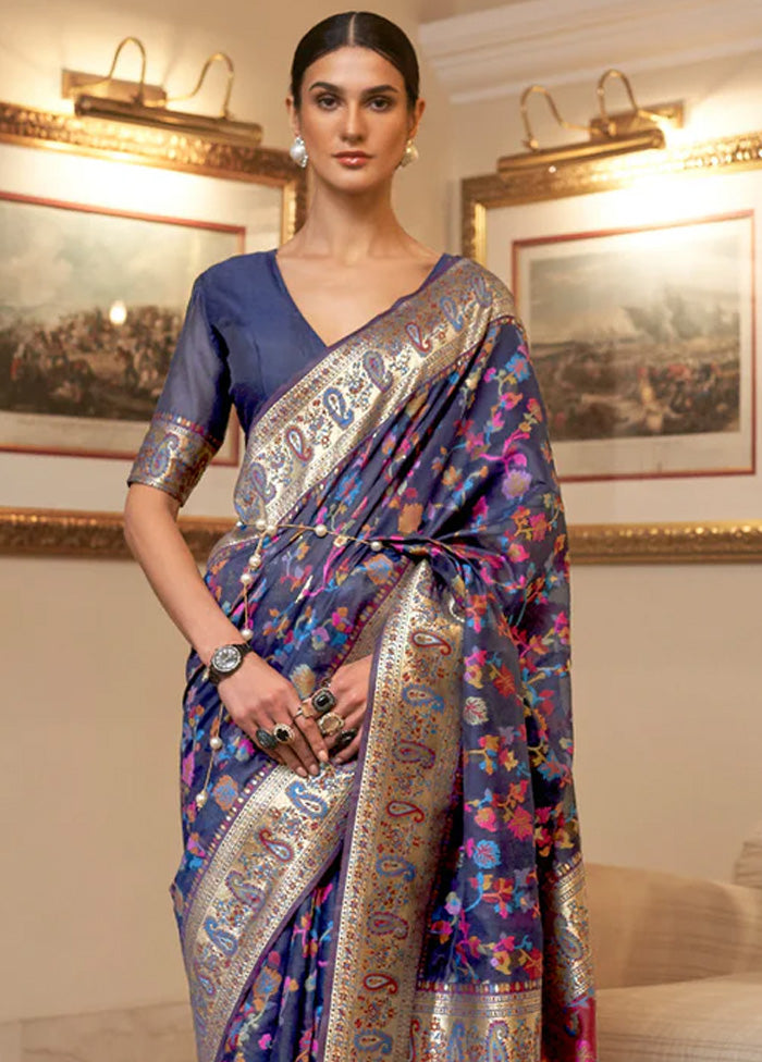 Navy Blue Banarasi Silk Saree With Blouse Piece