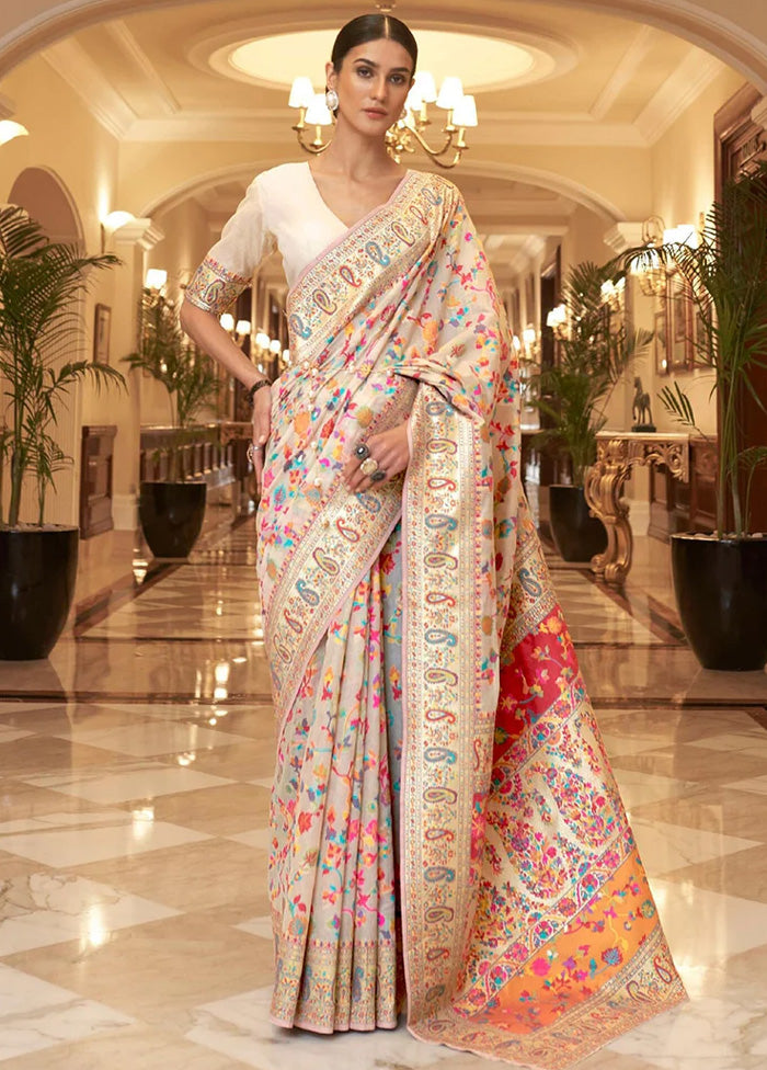 White Banarasi Silk Saree With Blouse Piece