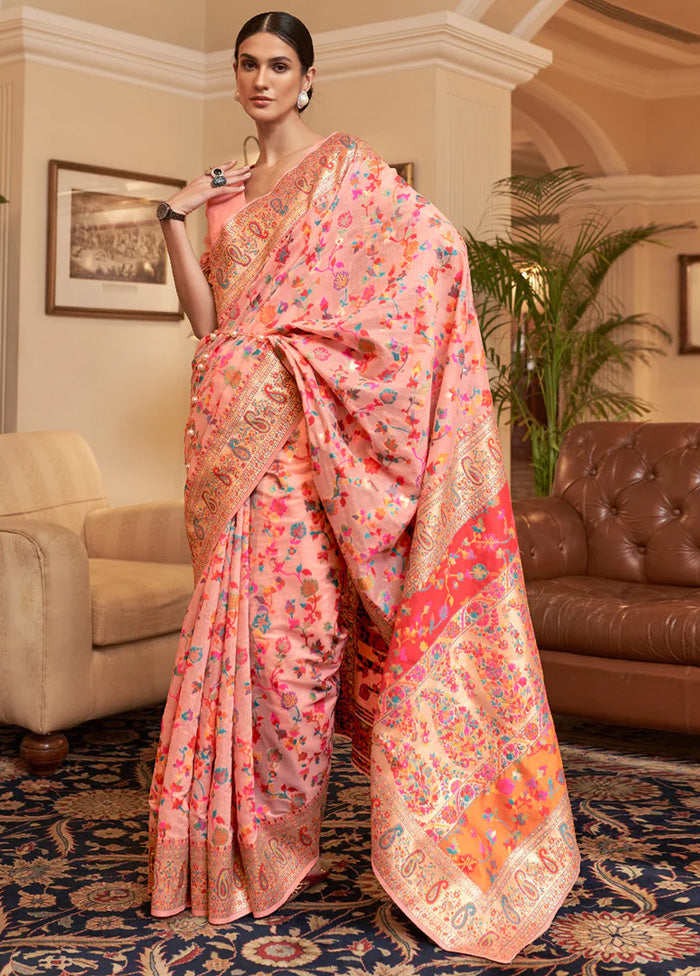 Peach Banarasi Silk Saree With Blouse Piece