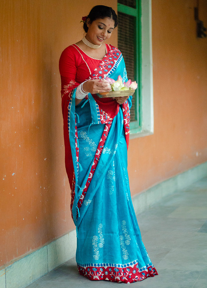 Turquoise Mulberry Silk Saree With Blouse Piece - Indian Silk House Agencies