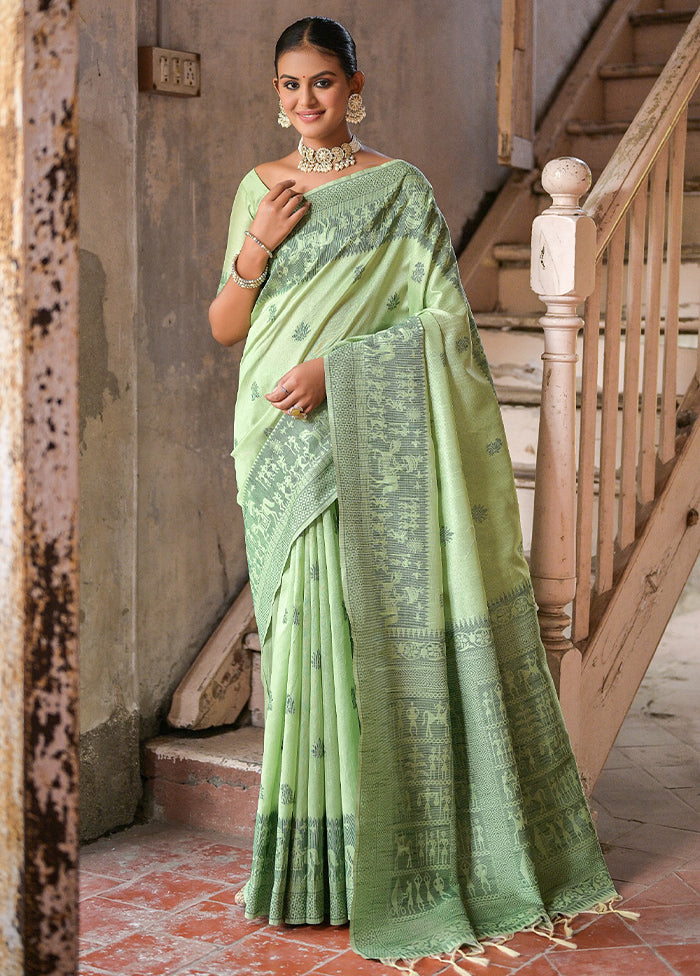 Pista Green Dupion Silk Saree With Blouse Piece