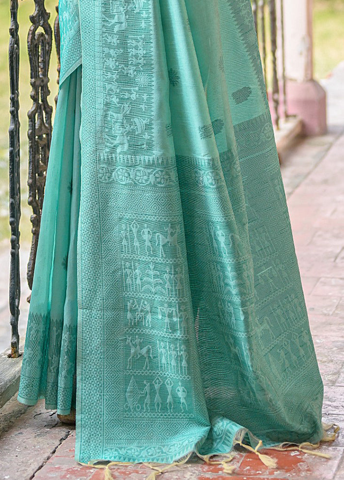 Sea Green Dupion Silk Saree With Blouse Piece