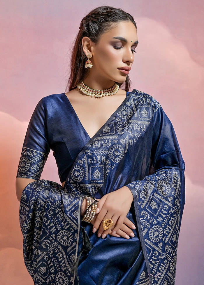 Navy Blue Dupion Silk Saree With Blouse Piece