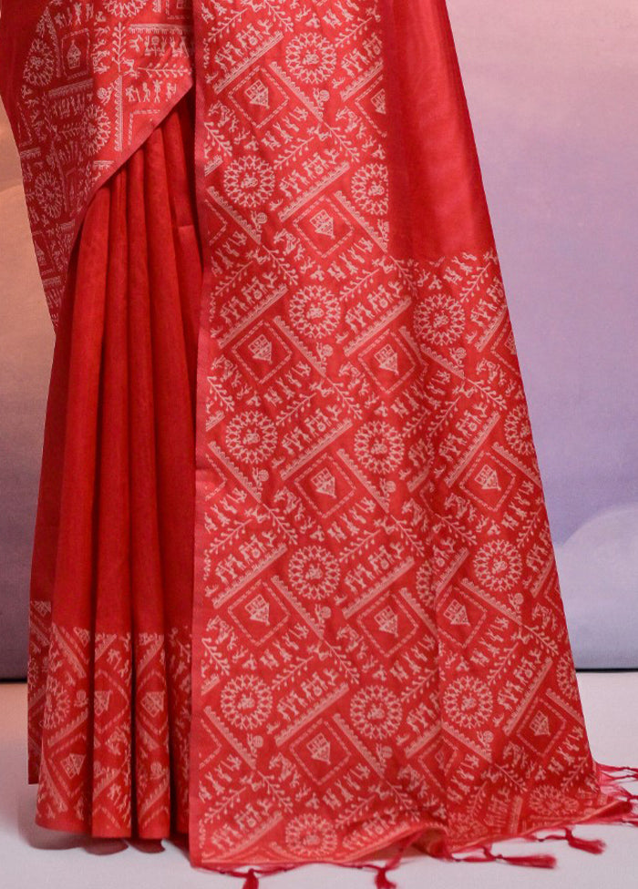 Red Dupion Silk Saree With Blouse Piece