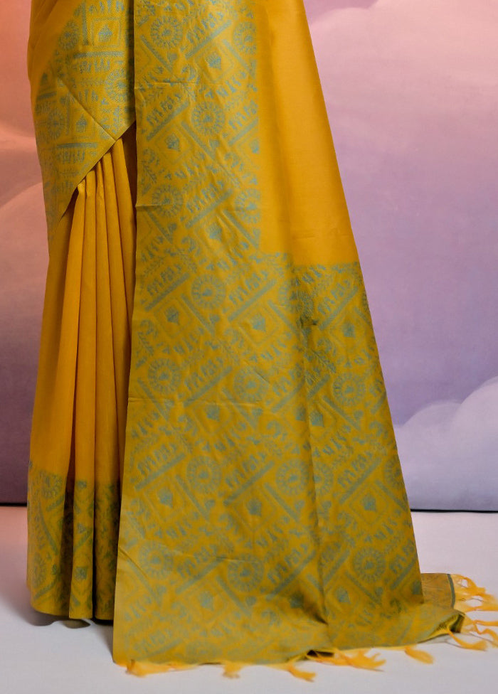 Yellow Dupion Silk Saree With Blouse Piece