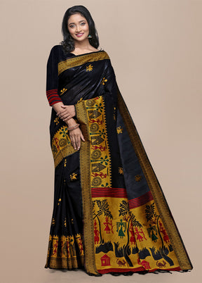 Black Spun Silk Saree With Blouse Piece