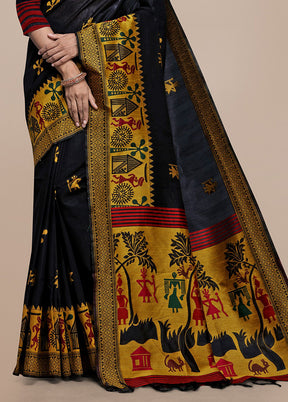 Black Spun Silk Saree With Blouse Piece