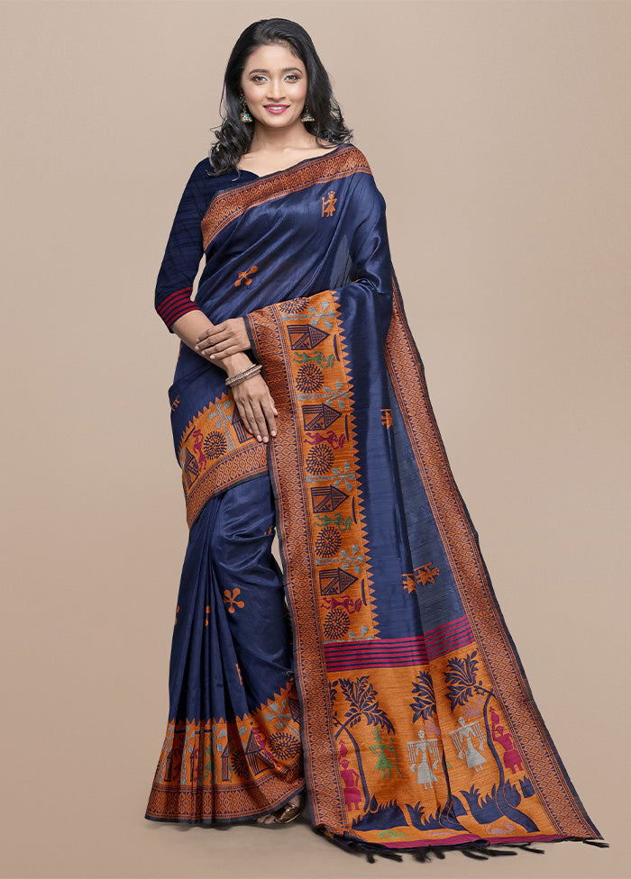 Blue Spun Silk Saree With Blouse Piece