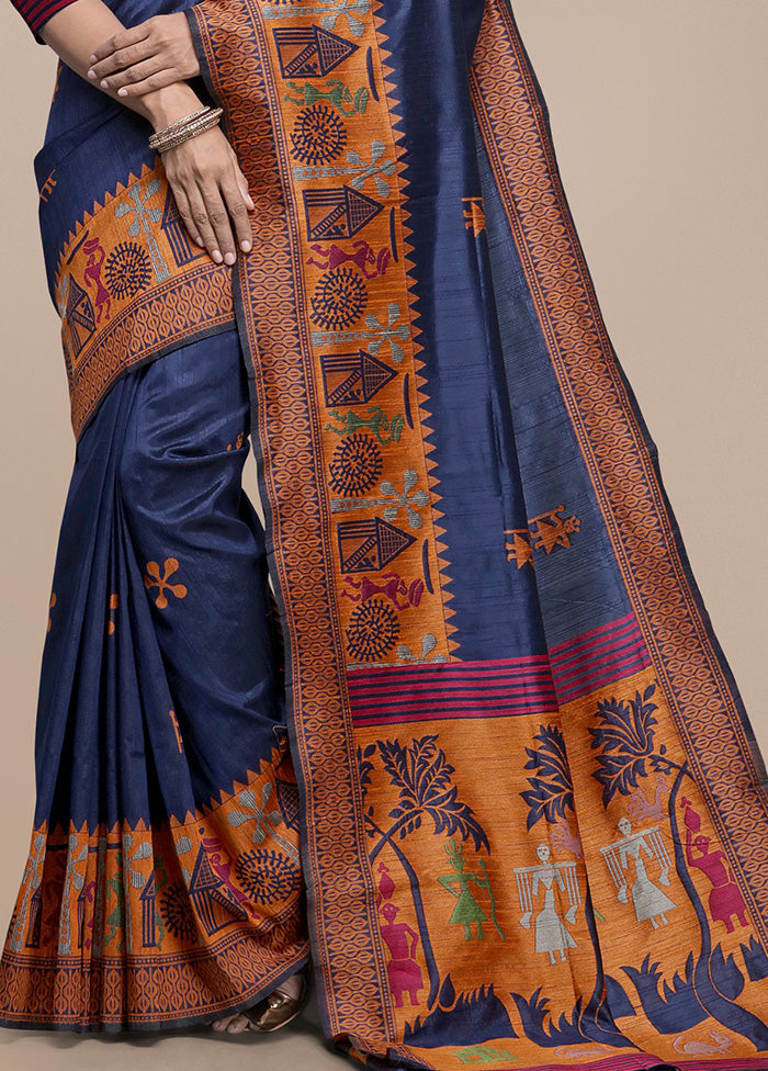 Blue Spun Silk Saree With Blouse Piece