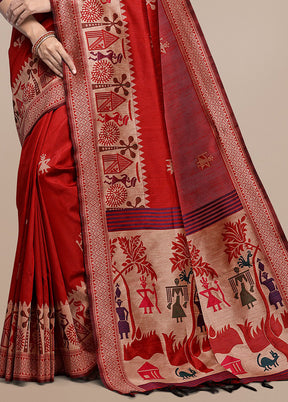 Red Spun Silk Saree With Blouse Piece