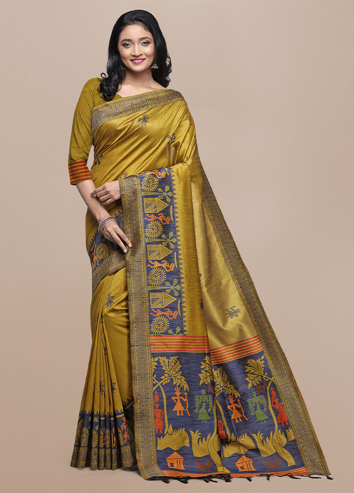 Yellow Spun Silk Saree With Blouse Piece