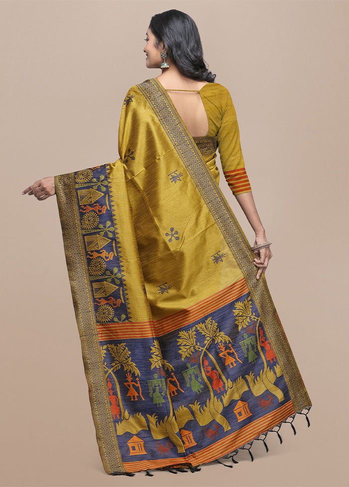 Yellow Spun Silk Saree With Blouse Piece