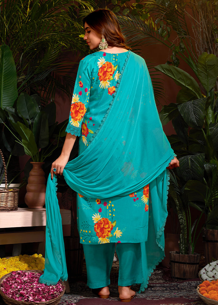 3 Pc Sea Blue Pure Readymade Silk Suit Set