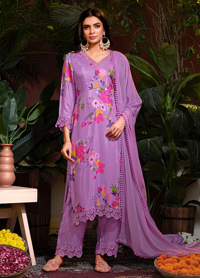 3 Pc Mauve Pure Readymade Silk Suit Set