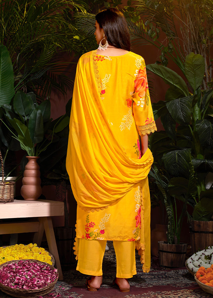 3 Pc Yellow Pure Readymade Silk Suit Set