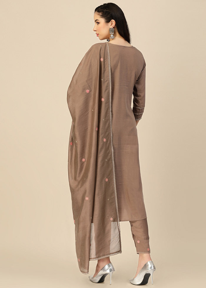 3 Pc Brown Readymade Silk Suit Set VDHFA05072070 - Indian Silk House Agencies