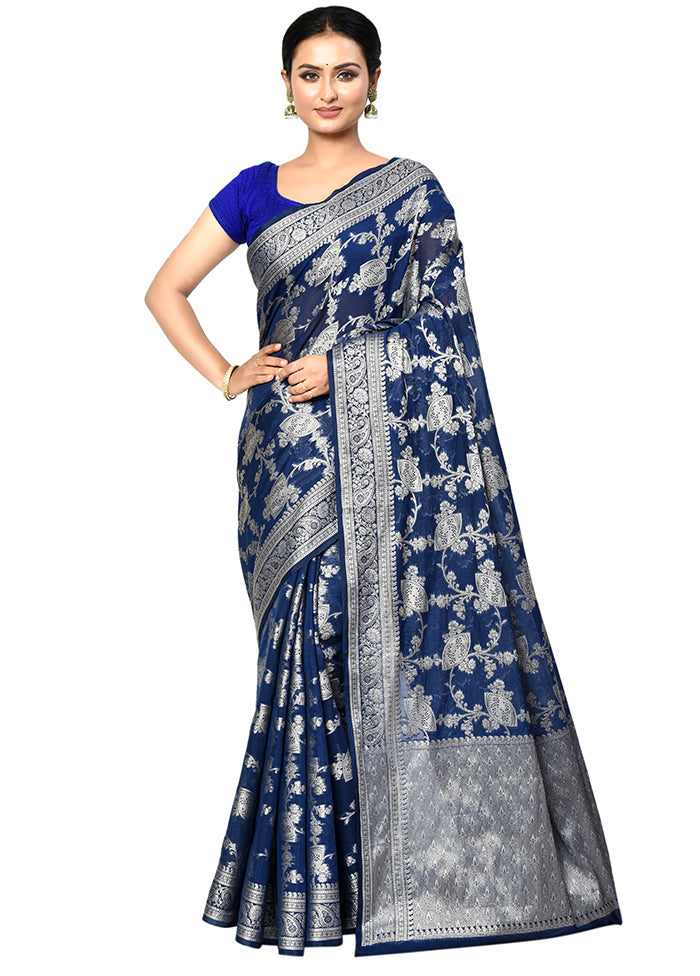 Blue Georgette Saree With Blouse Piece