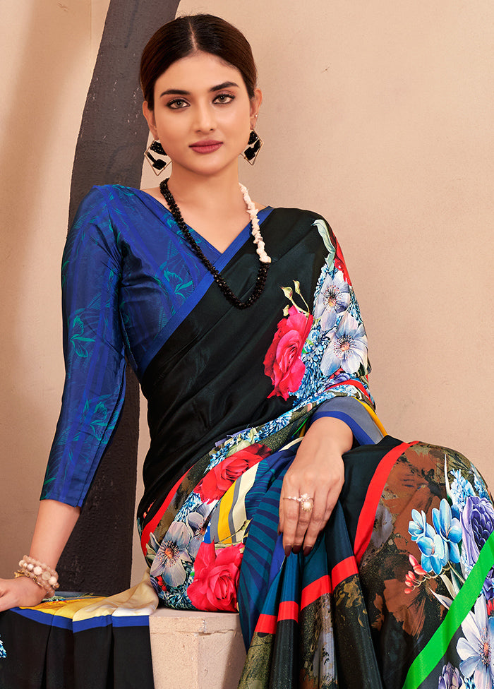 Blue Crepe Silk Saree With Blouse Piece