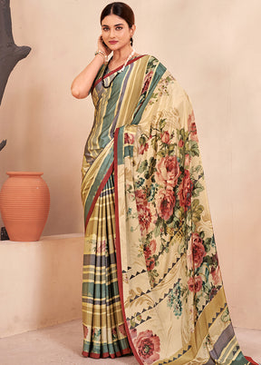 Cream Crepe Silk Saree With Blouse Piece