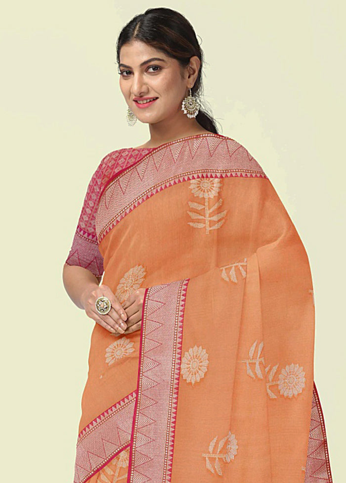 Orange Cotton Zari Saree Without Blouse Piece - Indian Silk House Agencies