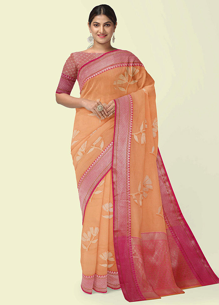 Orange Cotton Zari Saree Without Blouse Piece