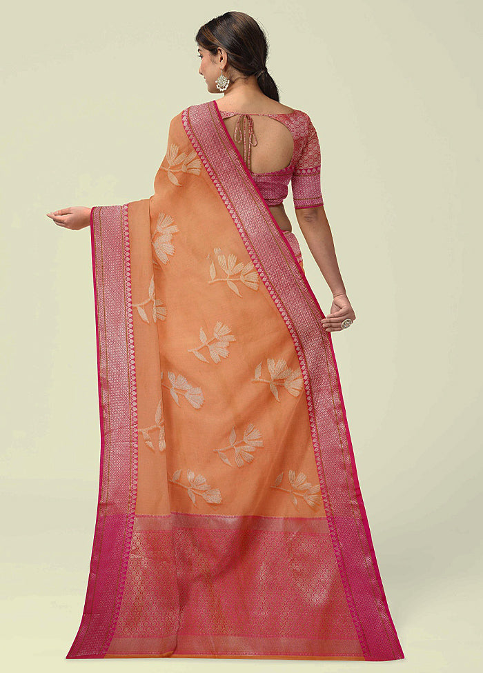 Orange Cotton Zari Saree Without Blouse Piece