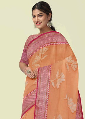 Orange Cotton Zari Saree Without Blouse Piece