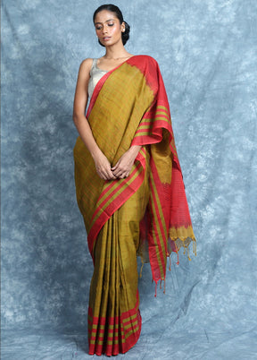 Mustard Cotton Saree With Blouse Piece - Indian Silk House Agencies