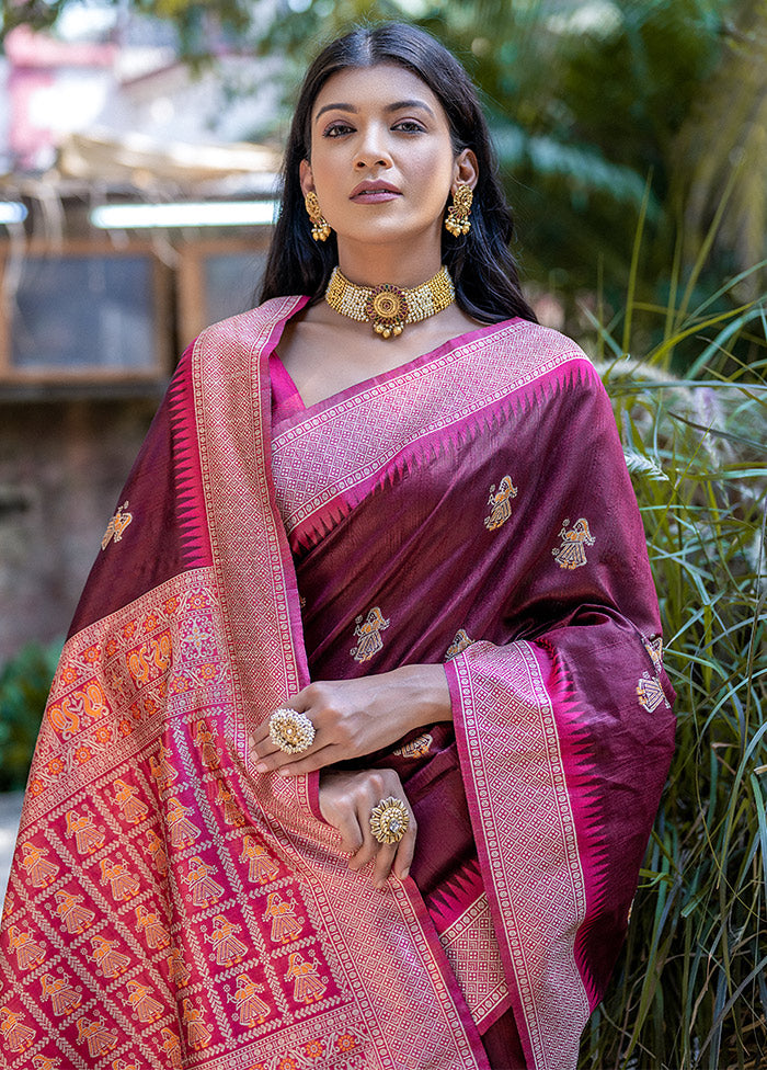 Maroon Tussar Silk Saree With Blouse Piece