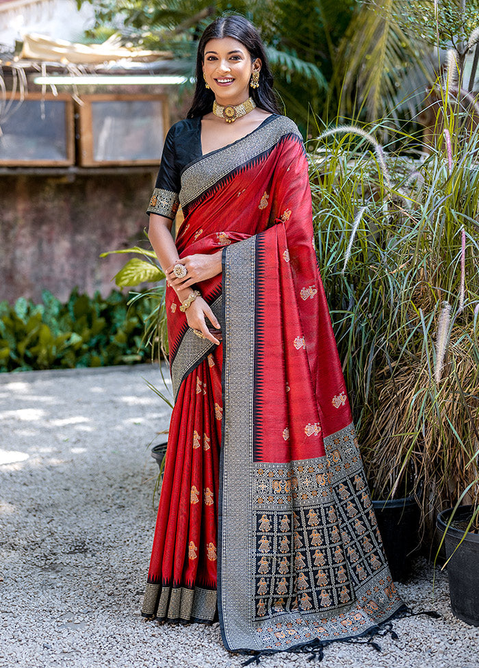 Red Tussar Silk Saree With Blouse Piece