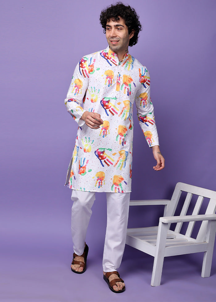 White Viscose Printed Medium Kurta