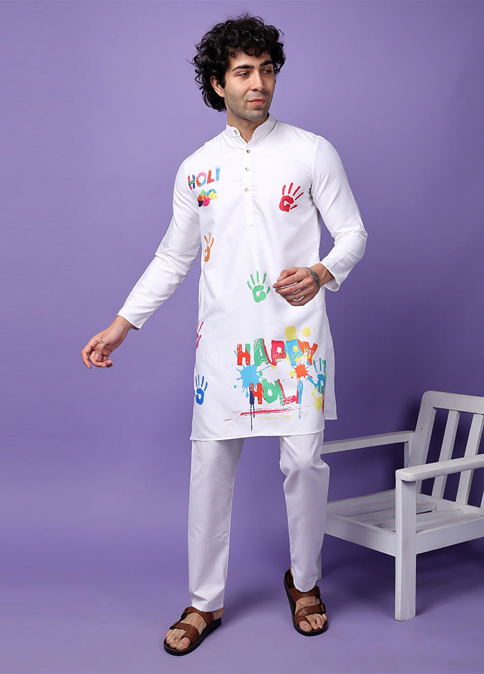 White Viscose Printed Medium Kurta