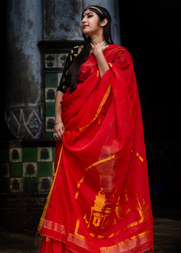 Red Pure Resham Jamdani Saree With Blouse Piece - Indian Silk House Agencies