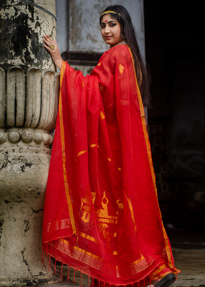 Red Pure Resham Jamdani Saree With Blouse Piece - Indian Silk House Agencies