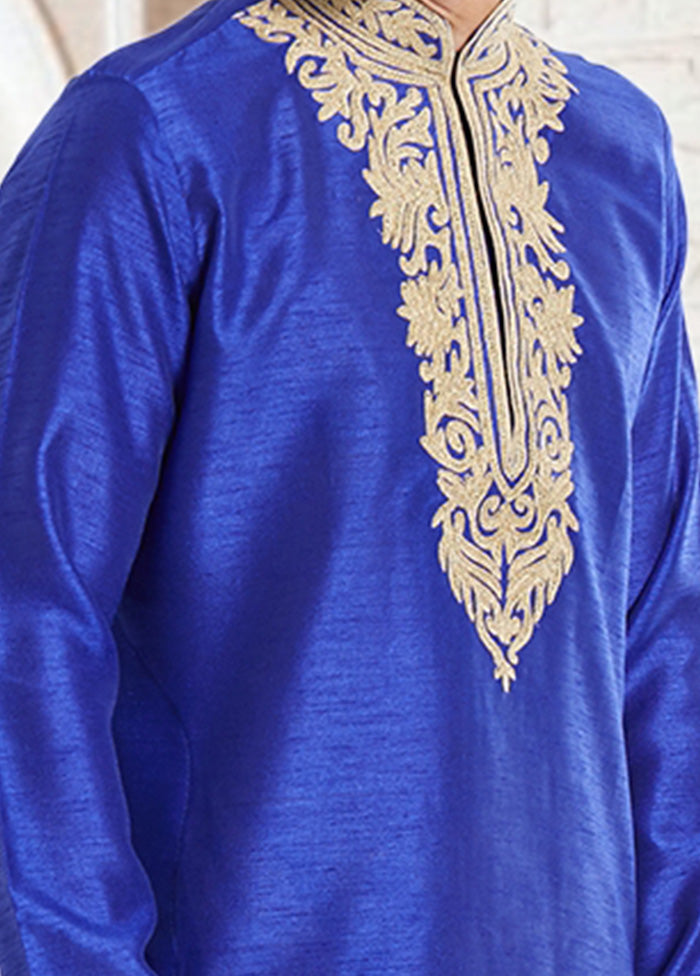 2 Pc Royal Blue Dupion Silk Kurta Dhoti Set - Indian Silk House Agencies