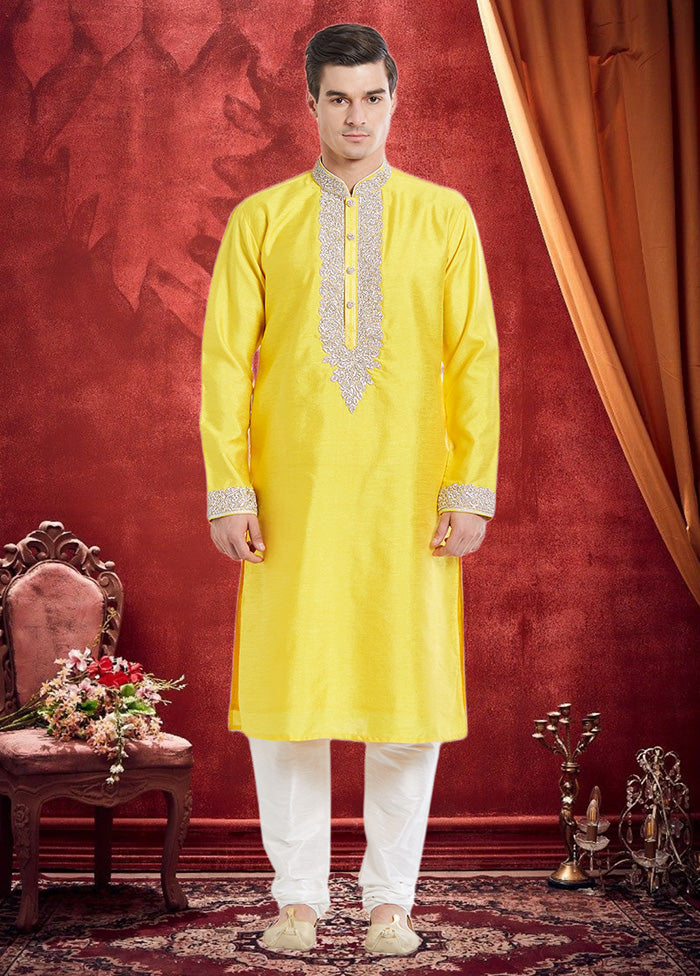 2 Pc Yellow Dupion Silk Kurta Churidar Set - Indian Silk House Agencies
