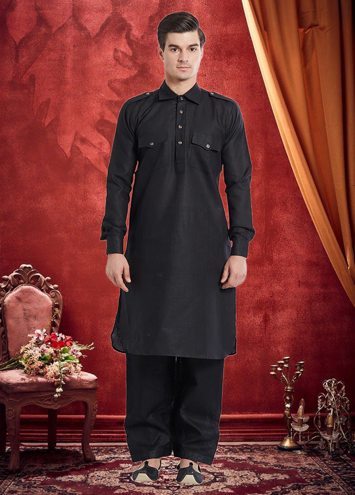 2 Pc Black Cotton Kurta Pant Set - Indian Silk House Agencies