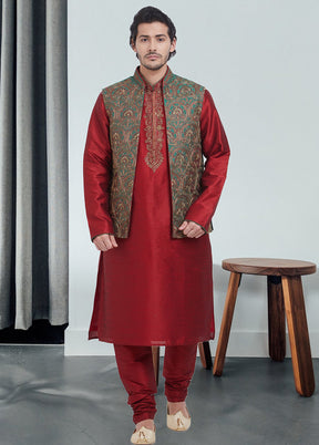 3 Pc Green Dupion Silk Ethnic Wear - Indian Silk House Agencies