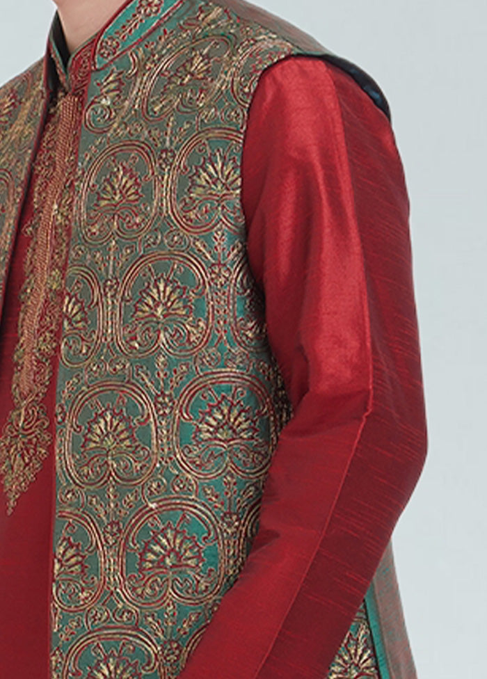 3 Pc Green Dupion Silk Ethnic Wear - Indian Silk House Agencies
