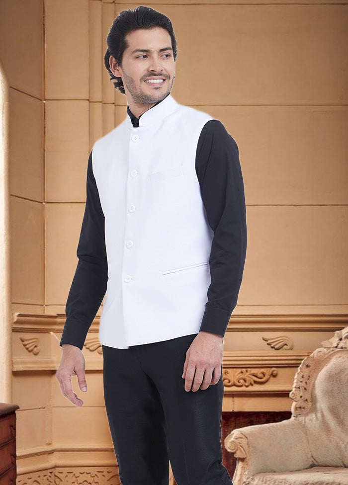 White Dupion Silk Ethnic Jacket - Indian Silk House Agencies