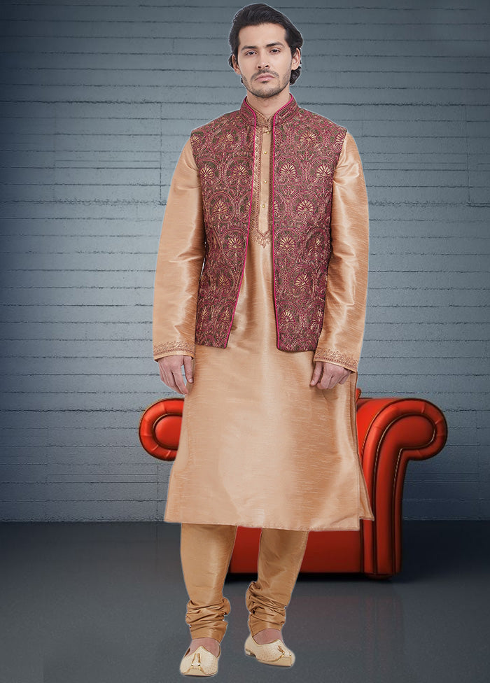 3 Pc Golden Dupion Silk Ethnic Wear Set - Indian Silk House Agencies
