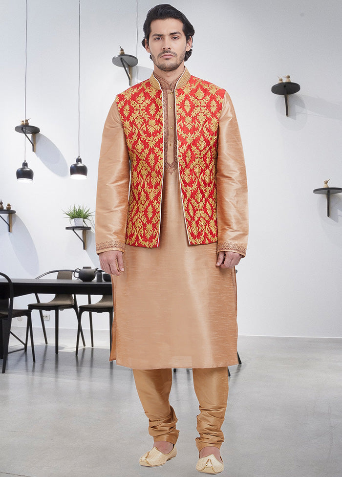 3 Pc Red Dupion Silk Ethnic Wear Set - Indian Silk House Agencies