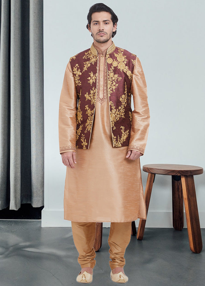 3 Pc Maroon Dupion Silk Ethnic Wear Set - Indian Silk House Agencies