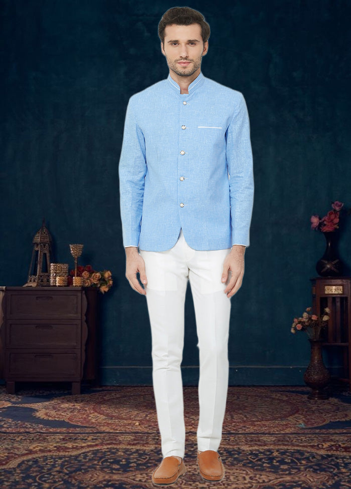 2 Pc Blue Cotton Blazer Pant Set - Indian Silk House Agencies