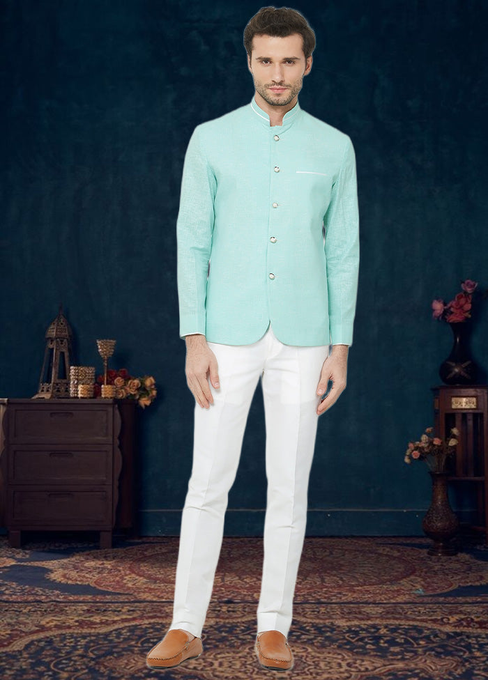 2 Pc Pista Green Cotton Blazer Pant Set - Indian Silk House Agencies