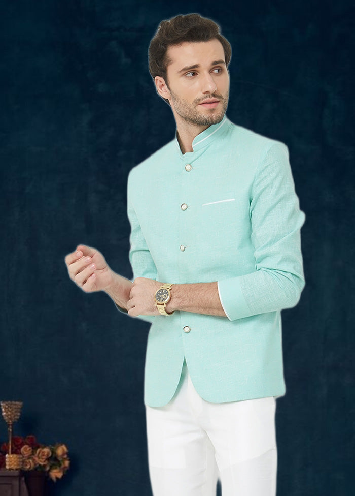 2 Pc Pista Green Cotton Blazer Pant Set - Indian Silk House Agencies
