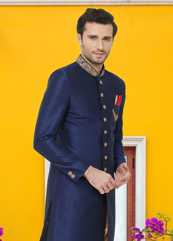 2 Pc Royal Blue Dupion Silk Sherwani Churidar Set - Indian Silk House Agencies
