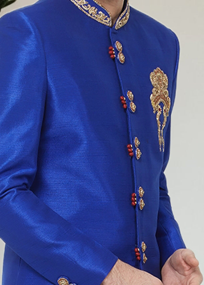 2 Pc Royal Blue Dupion Silk Sherwani Churidar Set