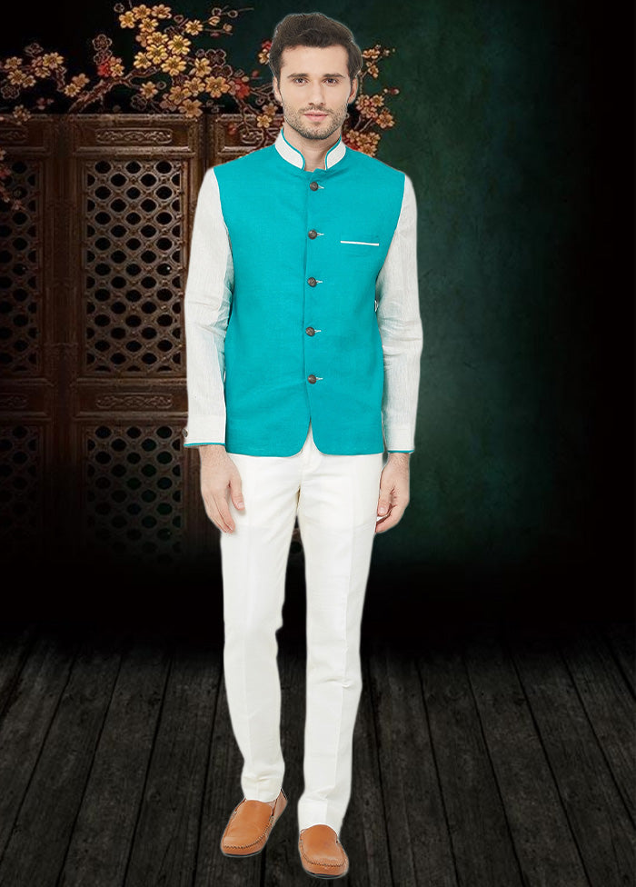 2 Pc Rama Green Cotton Blazer Pant Set - Indian Silk House Agencies